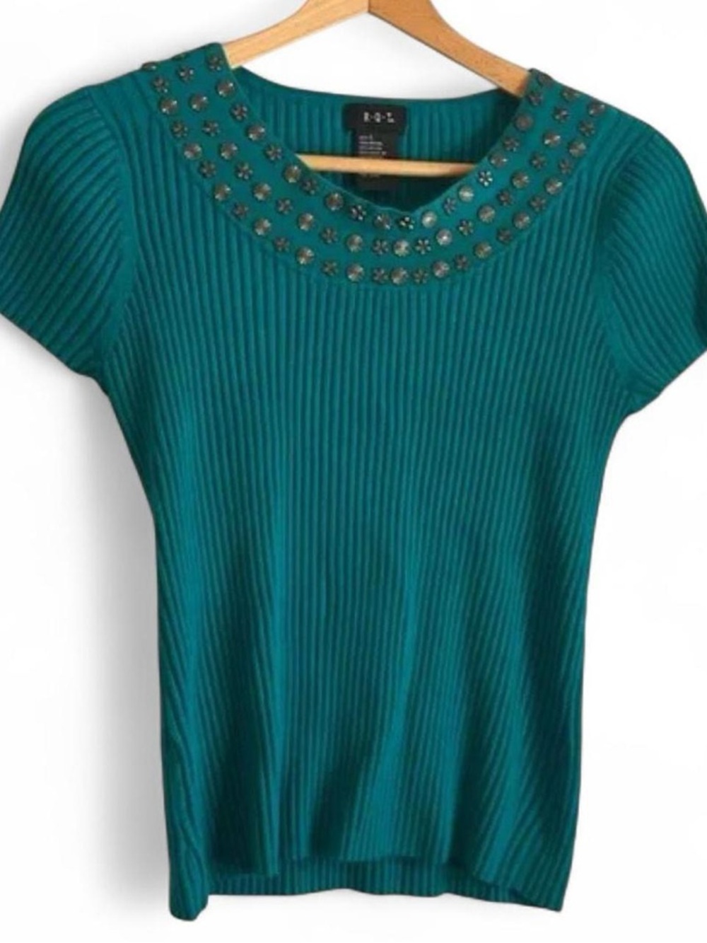R.Q.T. Women's L Vintage Y2K Teal Embellished Stretchy Ribbed Knit Sweater Top